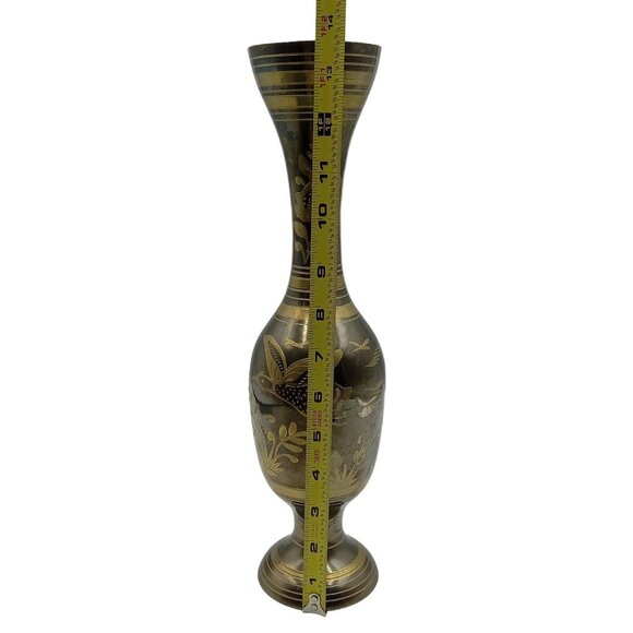 Solid Brass Tall Vase With Intricate Floral & Bird Design Made In India - Picture 8 of 10